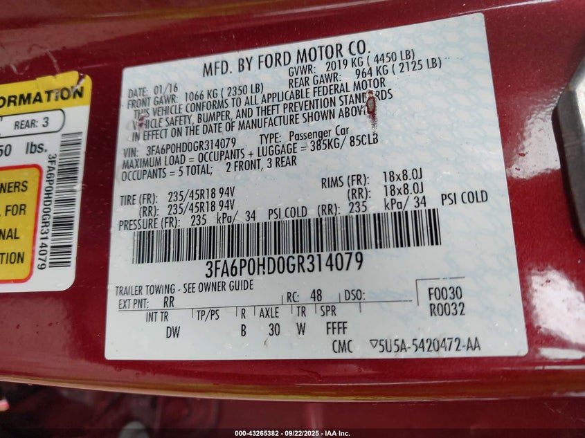 2016 Ford Fusion Se VIN: 3FA6P0HD0GR314079 Lot: 43265382