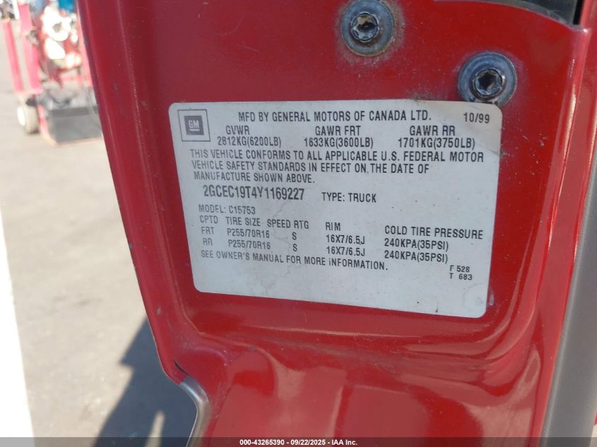 2000 Chevrolet Silverado 1500 Ls VIN: 2GCEC19T4Y1169227 Lot: 43265390