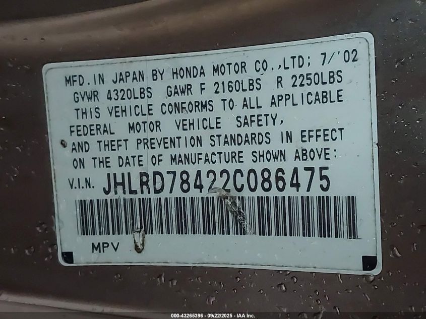 2002 Honda Cr-V Lx VIN: JHLRD78422C086475 Lot: 43265396