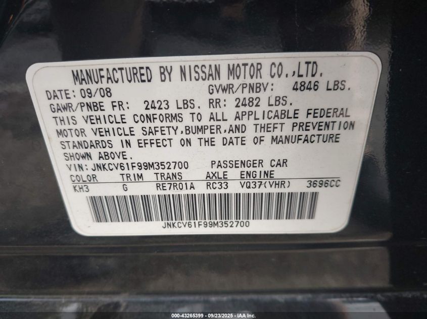 2009 Infiniti G37X VIN: JNKCV61F99M352700 Lot: 43265399