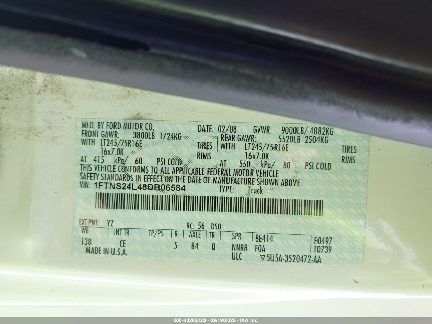 2008 Ford E-250 Commercial/Recreational VIN: 1FTNS24L48DB06584 Lot: 43265423