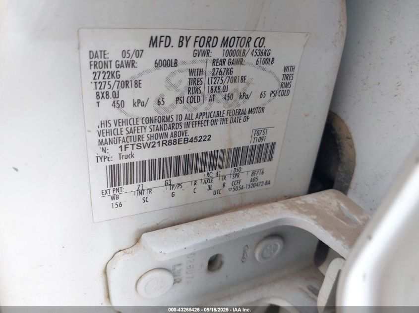 2008 Ford F-250 Fx4/Harley-Davidson/King Ranch/Lariat/Xl/Xlt VIN: 1FTSW21R88EB45222 Lot: 43265426