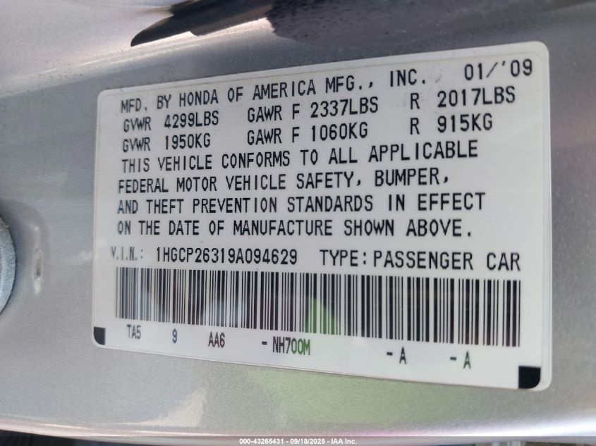 2009 Honda Accord 2.4 Lx VIN: 1HGCP26319A094629 Lot: 43265431