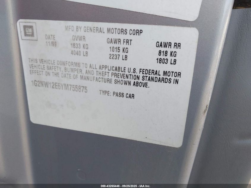 2000 Pontiac Grand Am Gt VIN: 1G2NW12E6YM755875 Lot: 43265446