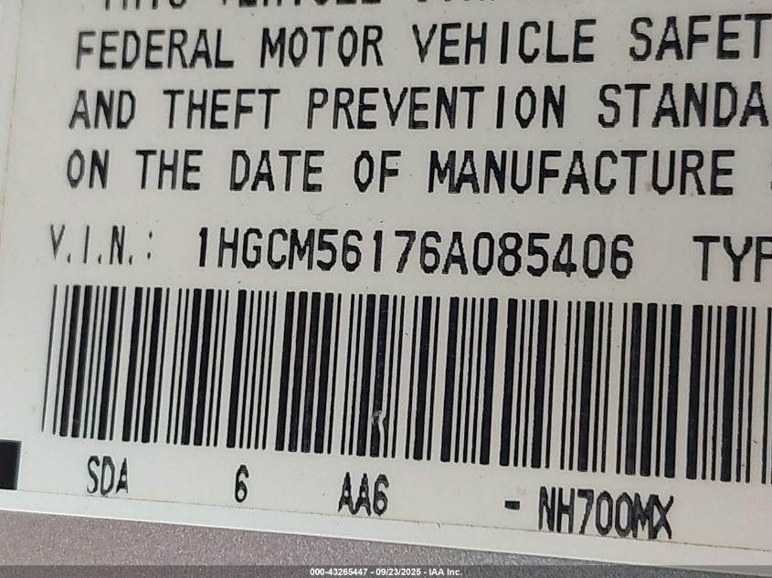 2006 Honda Accord 2.4 Vp VIN: 1HGCM56176A085406 Lot: 43265447
