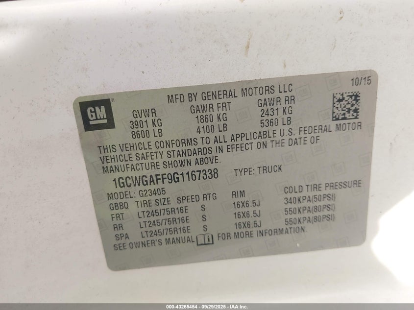 2016 CHEVROLET EXPRESS 2500 WORK VAN 1GCWGAFF9G1167338