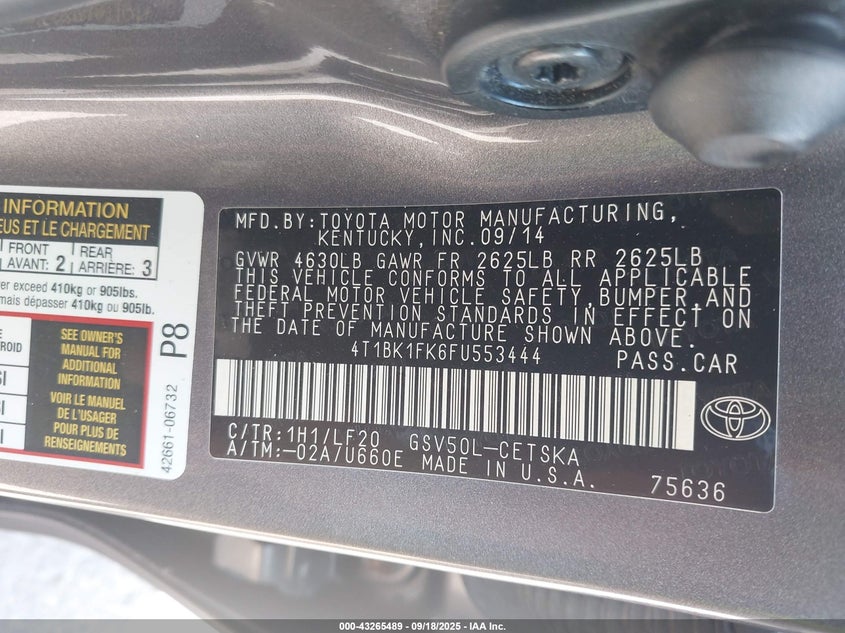 2015 Toyota Camry Xse V6 VIN: 4T1BK1FK6FU553444 Lot: 43265489