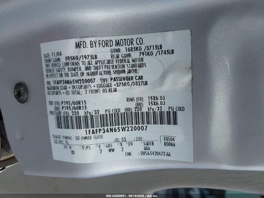 2005 Ford Focus Zx4 VIN: 1FAFP34N65W220007 Lot: 43265501