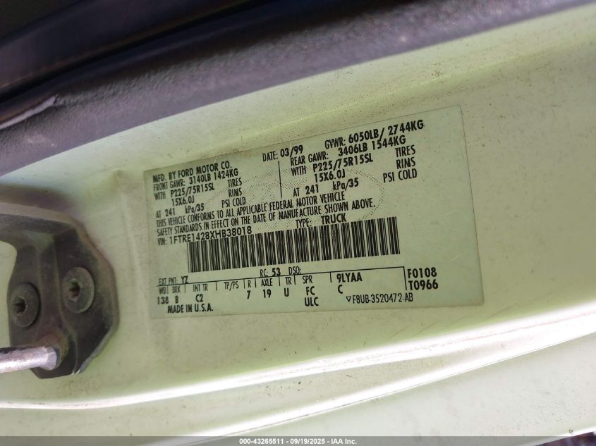 1999 Ford E-150 Commercial/Recreational VIN: 1FTRE1428XHB38018 Lot: 43265511