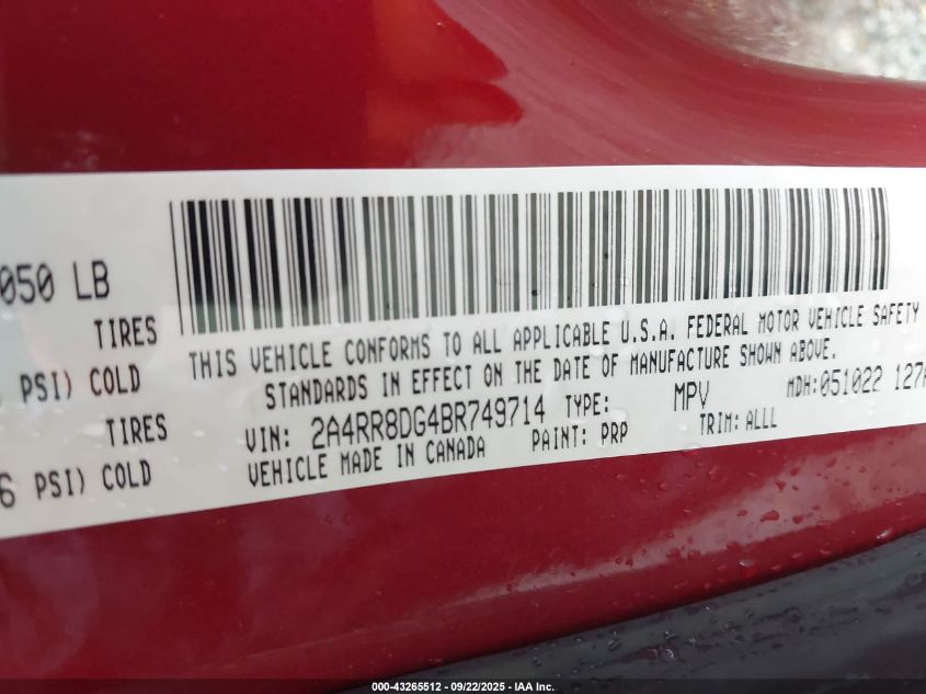 2011 Chrysler Town & Country Touring-L VIN: 2A4RR8DG4BR749714 Lot: 43265512