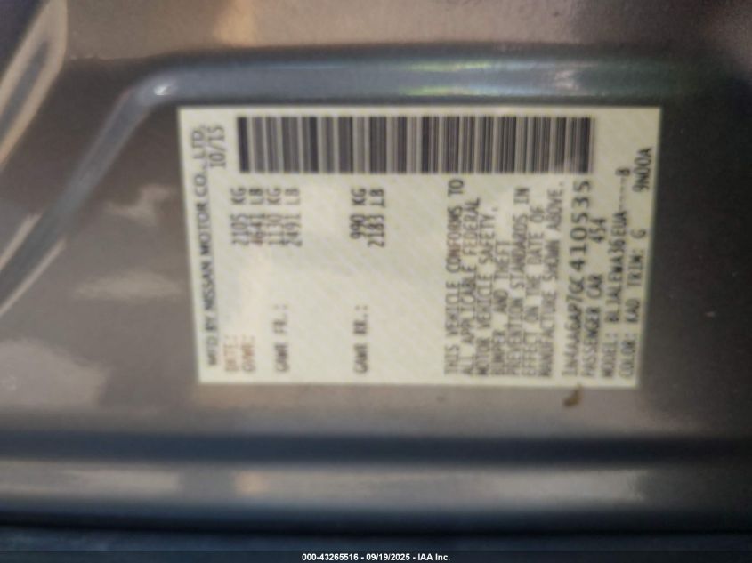 2016 Nissan Maxima 3.5 Sl VIN: 1N4AA6AP7GC410535 Lot: 43265516