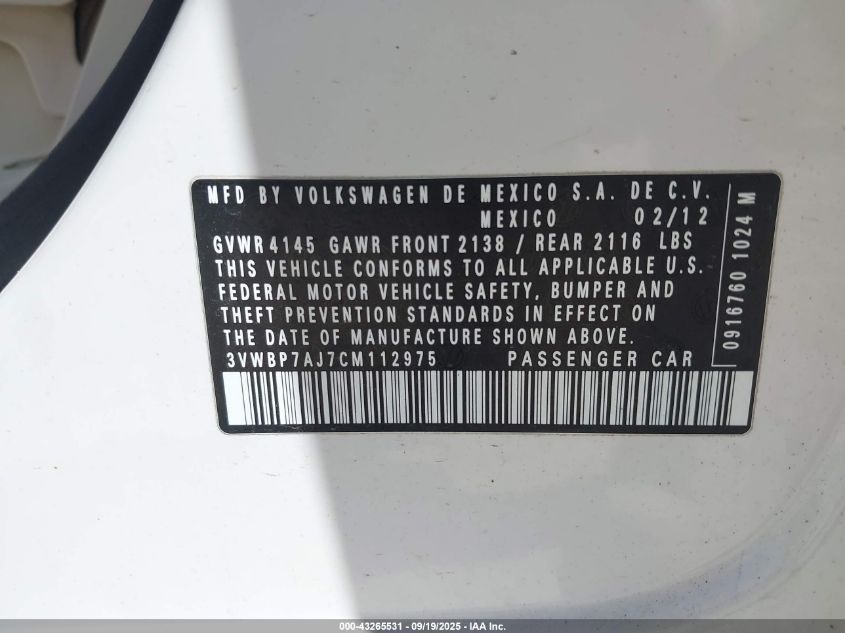 2012 Volkswagen Jetta 2.5L Se VIN: 3VWBP7AJ7CM112975 Lot: 43265531