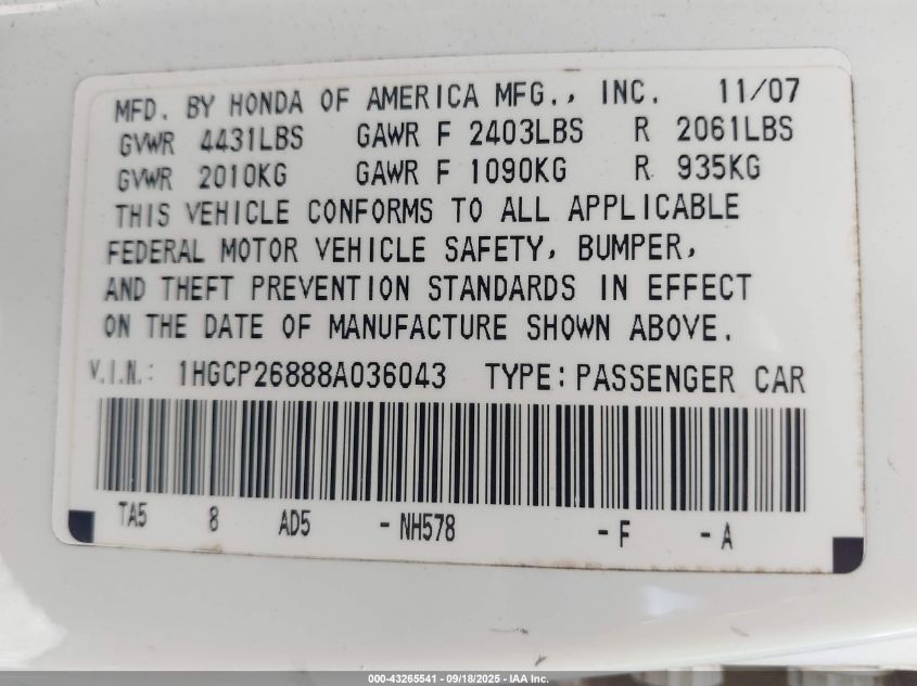 2008 Honda Accord 2.4 Ex-L VIN: 1HGCP26888A036043 Lot: 43265541
