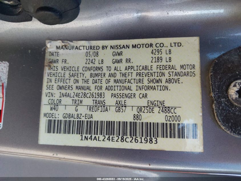 2008 Nissan Altima 2.5 S VIN: 1N4AL24E28C261983 Lot: 43265553