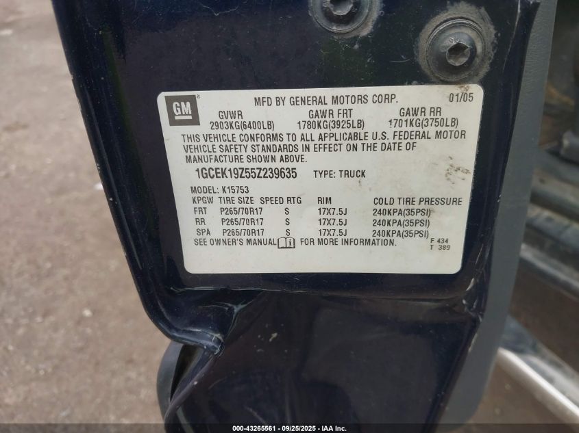2005 Chevrolet Silverado 1500 VIN: 1GCEK19Z55Z239635 Lot: 43265561
