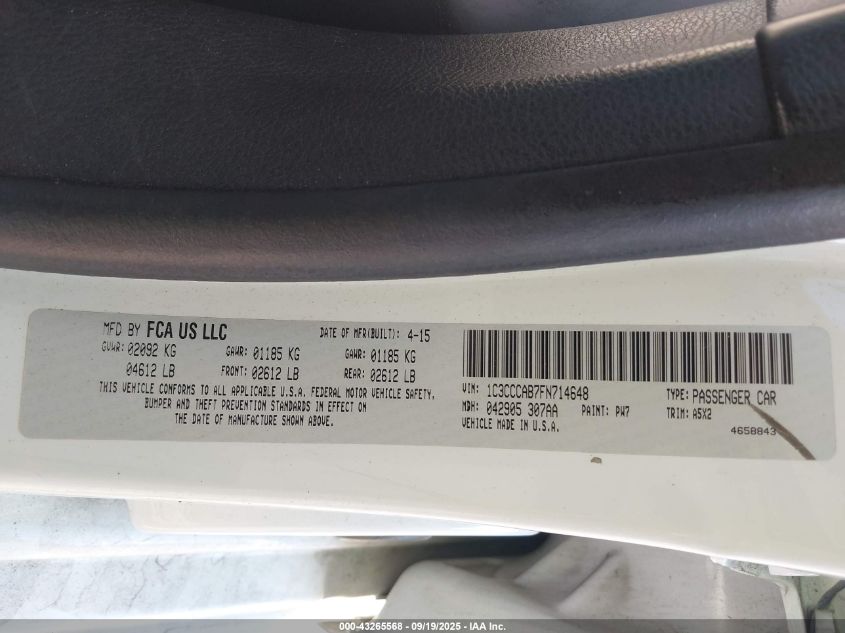 2015 Chrysler 200 Limited VIN: 1C3CCCAB7FN714648 Lot: 43265568