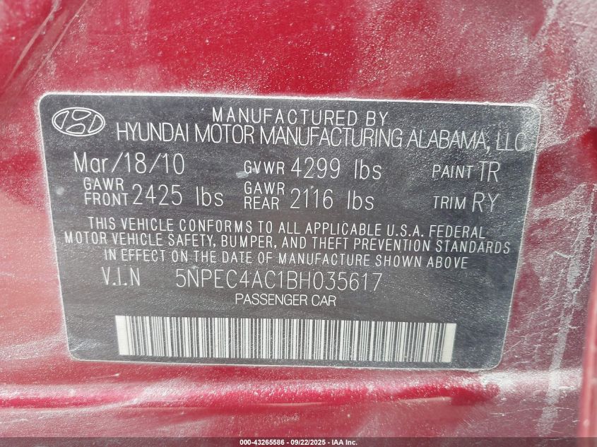 2011 Hyundai Sonata Se VIN: 5NPEC4AC1BH035617 Lot: 43265586