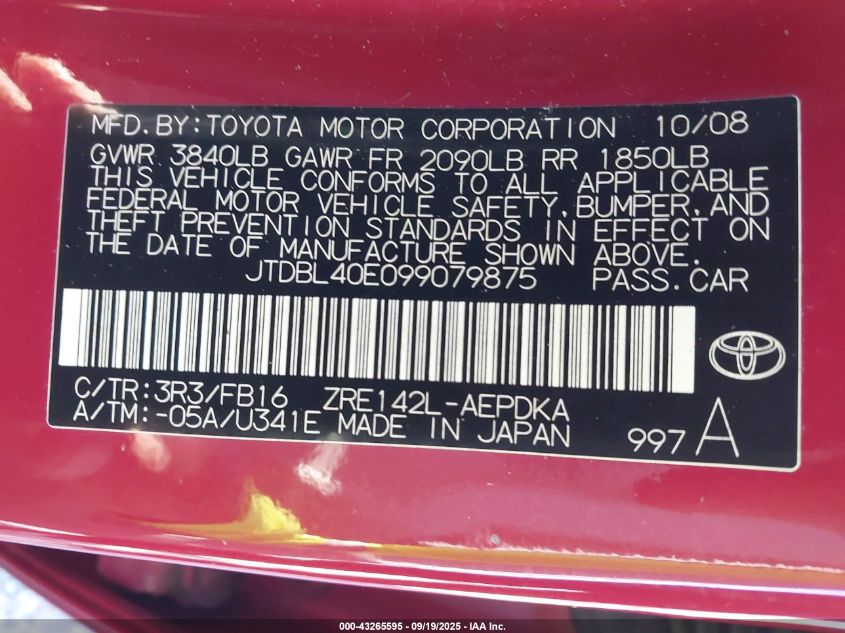 2009 Toyota Corolla Le VIN: JTDBL40E099079875 Lot: 43265595
