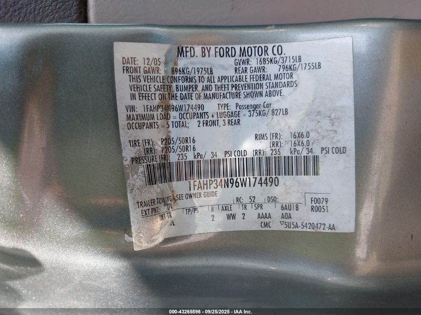 2006 Ford Focus Zx4 VIN: 1FAHP34N96W174490 Lot: 43265596