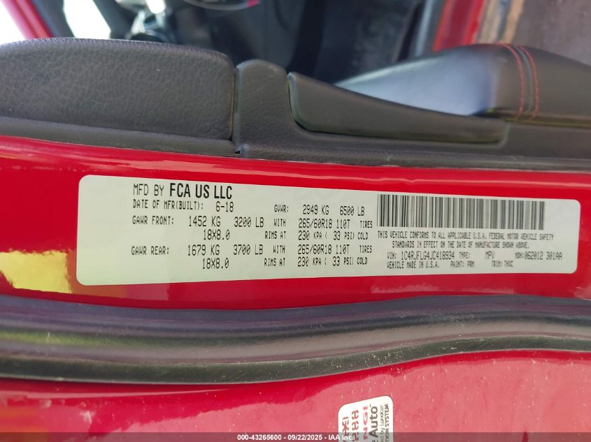 2018 Jeep Grand Cherokee Trailhawk 4X4 VIN: 1C4RJFLG4JC418934 Lot: 43265600