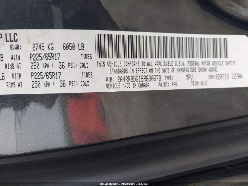 2011 Chrysler Town & Country Touring-L VIN: 2A4RR8DG1BR630678 Lot: 43265603