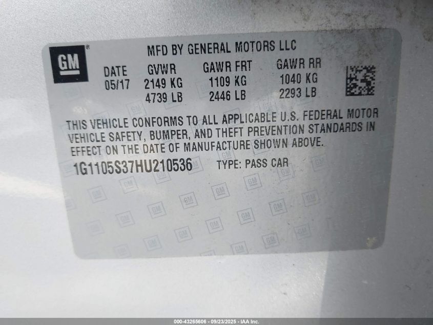 2017 Chevrolet Impala 1Lt VIN: 1G1105S37HU210536 Lot: 43265606
