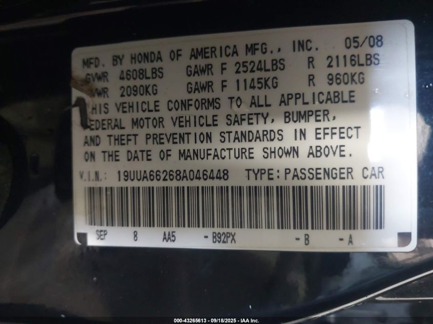 2008 Acura Tl 3.2 VIN: 19UUA66268A046448 Lot: 43265613