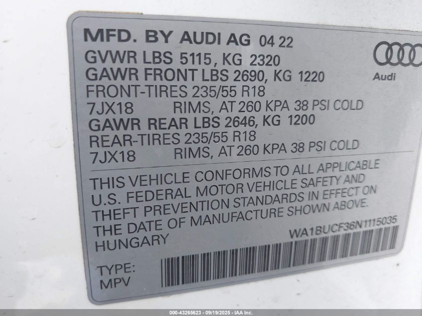 2022 Audi Q3 Premium Plus 40 Tfsi Quattro Tiptronic VIN: WA1BUCF36N1115035 Lot: 43265623