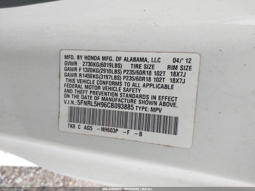 2012 Honda Odyssey Touring/Touring Elite VIN: 5FNRL5H96CB093885 Lot: 43265633