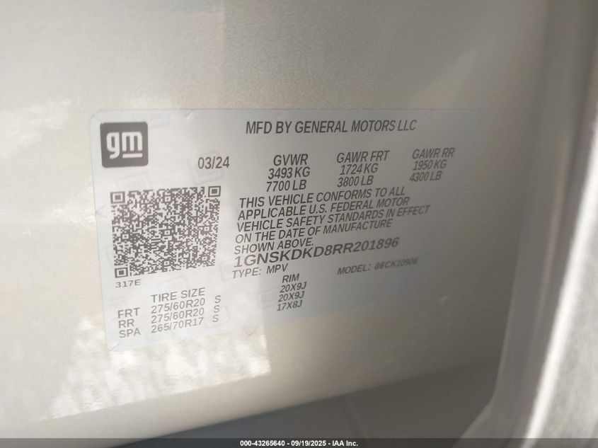 2024 Chevrolet Suburban 4Wd Z71 VIN: 1GNSKDKD8RR201896 Lot: 43399762