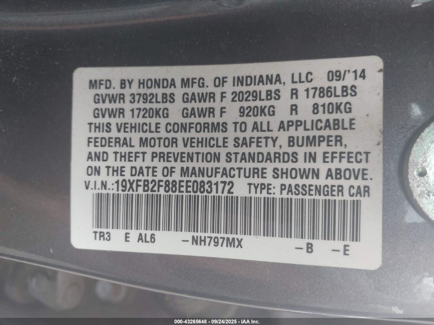 2014 Honda Civic Ex VIN: 19XFB2F88EE083172 Lot: 43265648