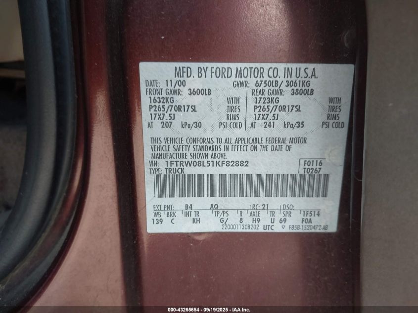2001 Ford F-150 King Ranch Edition/Lariat/Xlt VIN: 1FTRW08L51KF82882 Lot: 43265654