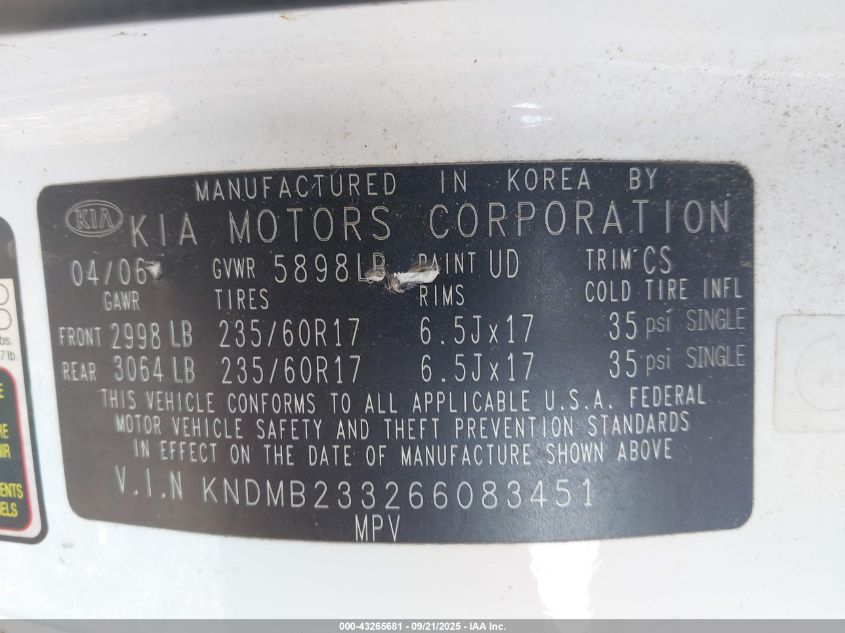 2006 Kia Sedona Ex/Lx VIN: KNDMB233266083451 Lot: 43265681