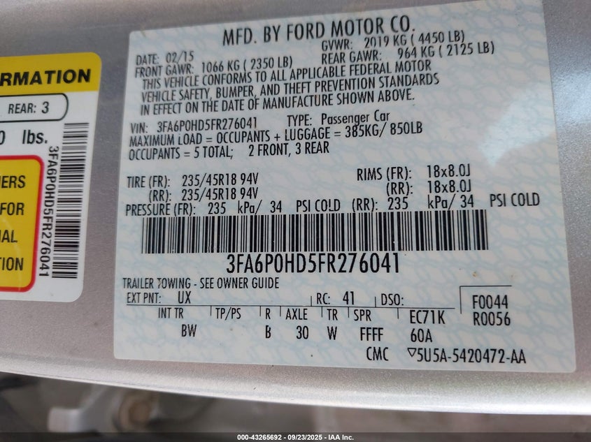 2015 Ford Fusion Se VIN: 3FA6P0HD5FR276041 Lot: 43265692
