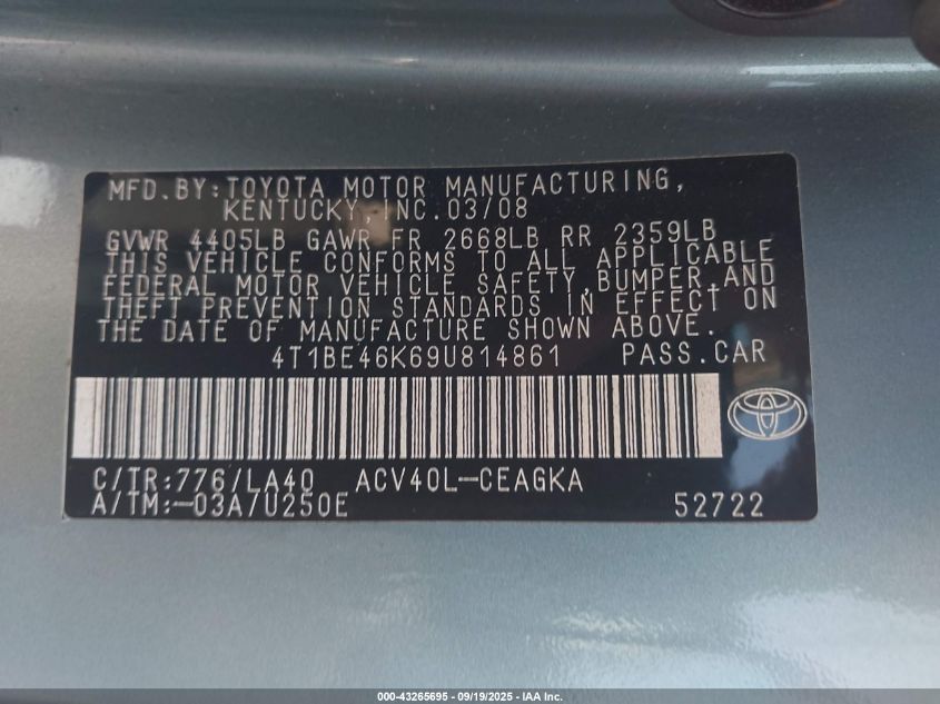 2009 Toyota Camry Xle VIN: 4T1BE46K69U814861 Lot: 43265695