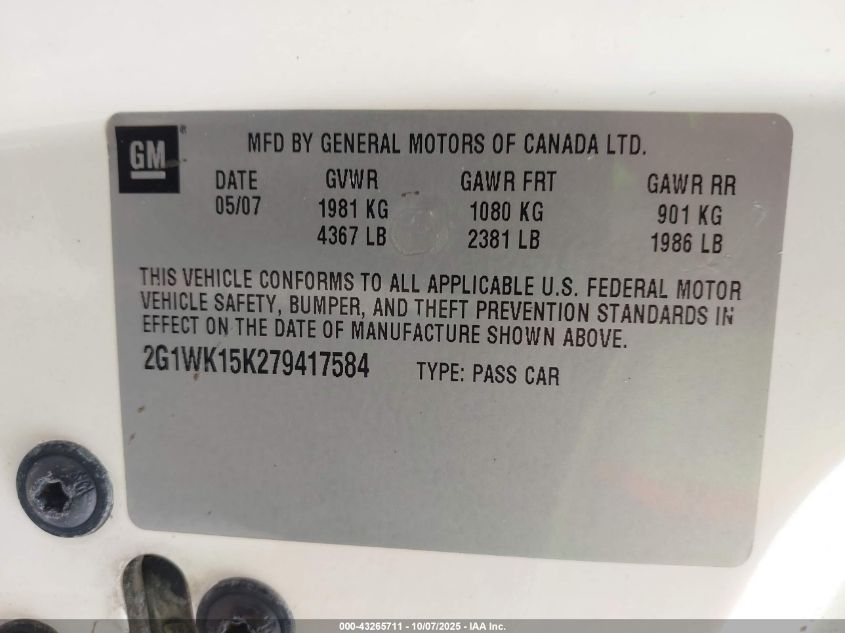 2007 Chevrolet Monte Carlo Lt VIN: 2G1WK15K279417584 Lot: 43265711