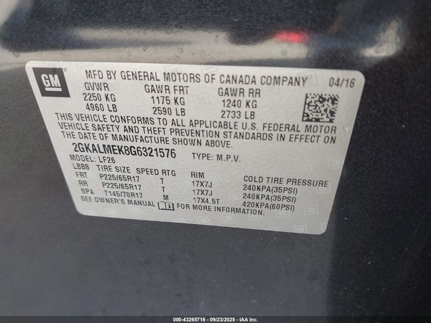 2016 GMC Terrain Sle-1 VIN: 2GKALMEK8G6321576 Lot: 43265716