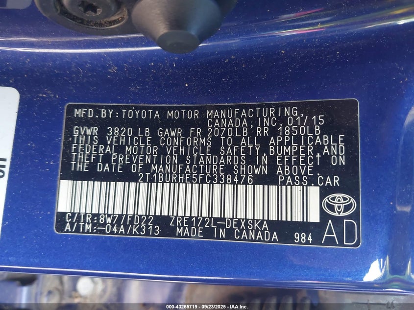 2015 Toyota Corolla S Plus VIN: 2T1BURHE5FC338476 Lot: 43265719