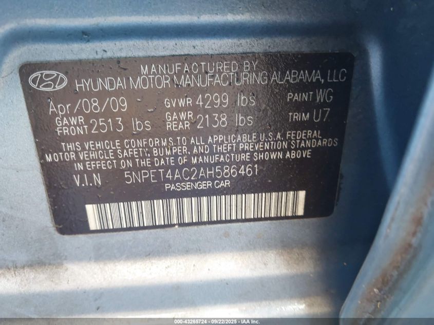 2010 Hyundai Sonata Gls VIN: 5NPET4AC2AH586461 Lot: 43265724