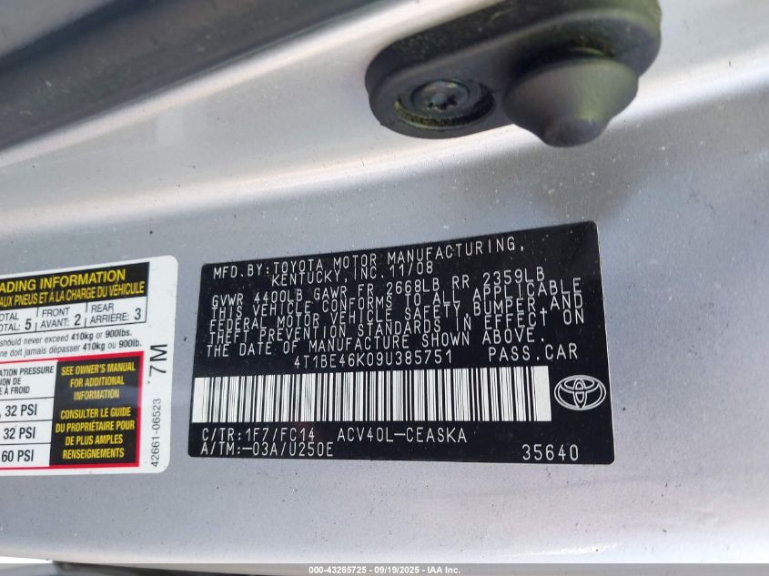 2009 Toyota Camry Se/Le/Xle VIN: 4T1BE46K09U385751 Lot: 43265725