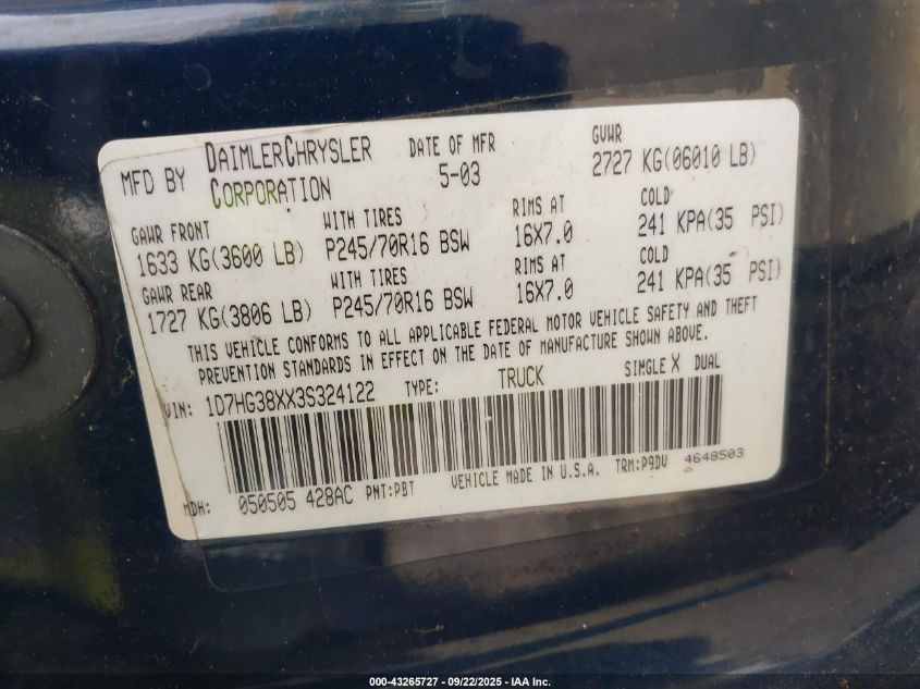 2003 Dodge Dakota Sport/Sxt VIN: 1D7HG38XX3S324122 Lot: 43265727