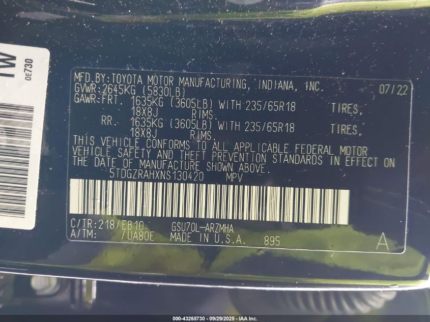 2022 Toyota Highlander Xle VIN: 5TDGZRAHXNS130420 Lot: 43265730