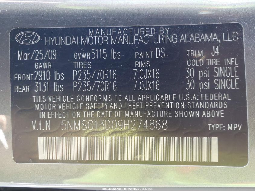 2009 Hyundai Santa Fe Gls VIN: 5NMSG13D09H274868 Lot: 43265736