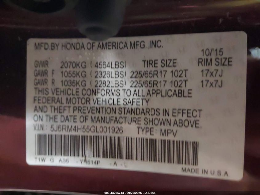 2016 Honda Cr-V Ex VIN: 5J6RM4H55GL001926 Lot: 43265743