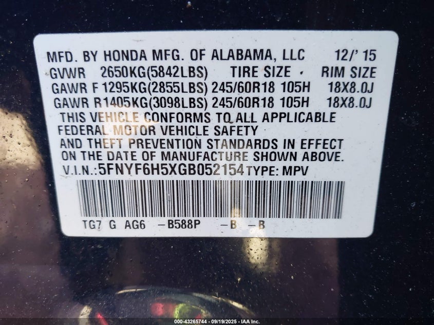 2016 HONDA PILOT EX-L - 5FNYF6H5XGB052154