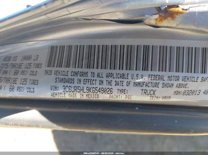 2019 Ram 2500 Tradesman 4X4 8' Box VIN: 3C6UR5HL9KG549026 Lot: 43265747