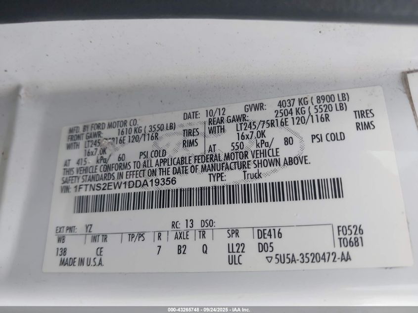 2013 Ford E-250 Commercial VIN: 1FTNS2EW1DDA19356 Lot: 43265748