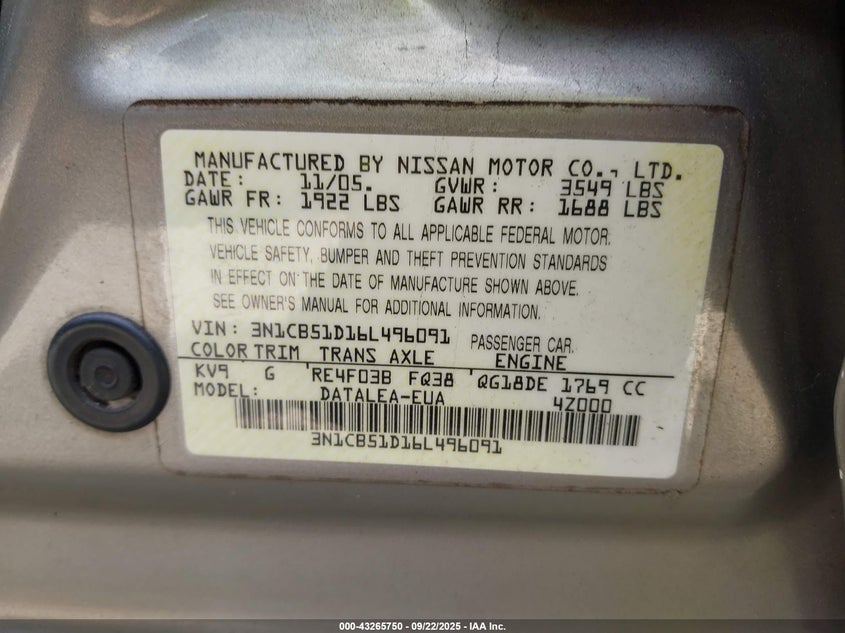 2006 Nissan Sentra 1.8S VIN: 3N1CB51D16L496091 Lot: 43265750