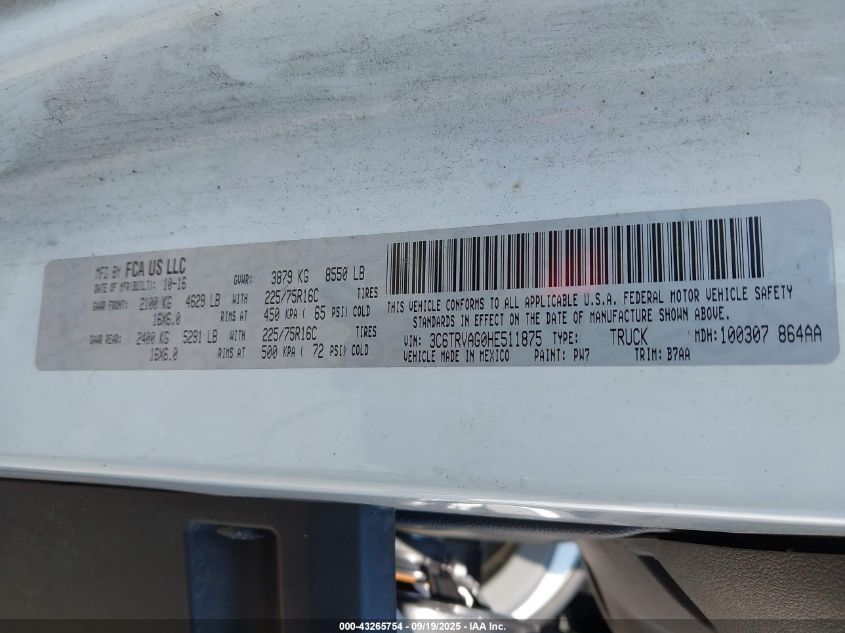 2017 Ram Promaster 1500 Low Roof 136 Wb VIN: 3C6TRVAGOHE511875 Lot: 43265754