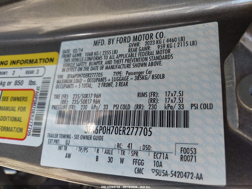 2014 Ford Fusion Se VIN: 3FA6P0H70ER277705 Lot: 43265756